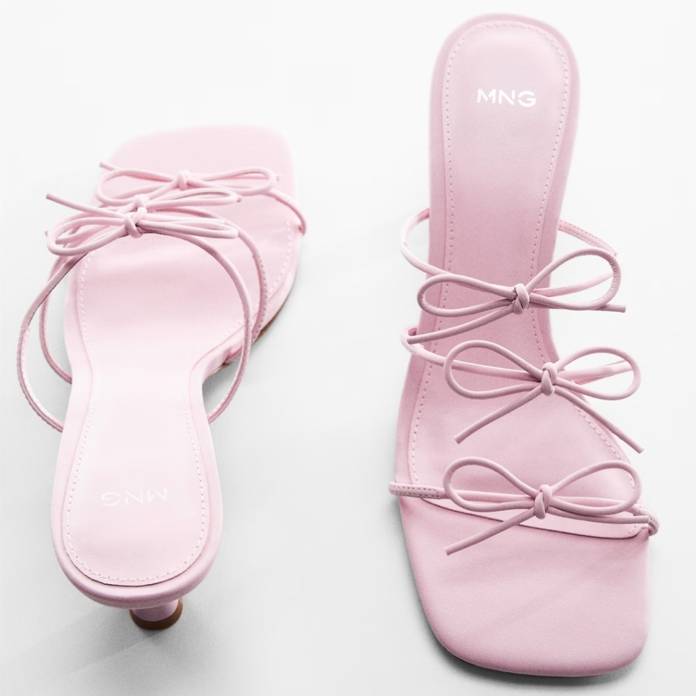 Bow kitten heel leather pastel pink strappy sandal mango